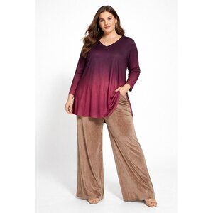 Pixie Lady Womens Plus 1X V-Neck Ombre Lightweight Jersey Emo-Lite Tunic Magenta